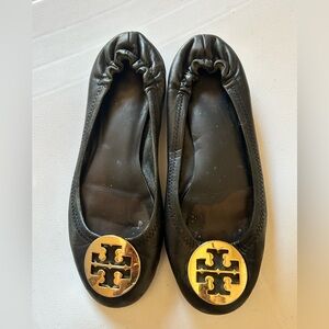 Tory Burch Black Flats with Gold Emblem